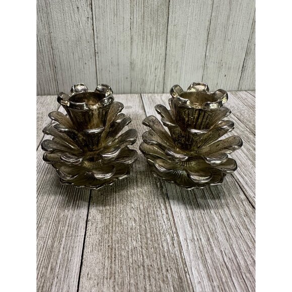 Vtg Set of 2 Silver Plated Pine Cone Candlestick Holders 2.5" Tall Holiday Decor - Picture 2 of 7